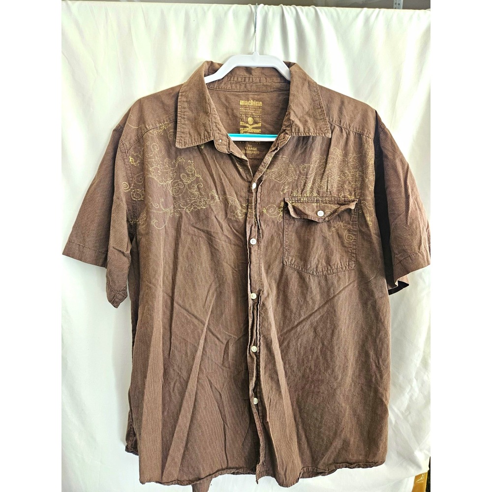 Machine Men's XL Brown Striped Short Sleeve Button-Up Cotton Shirt Pockets